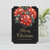 Moderne Zwarte Rode Bloemornamenten Kerstkaart (Staand voorkant)