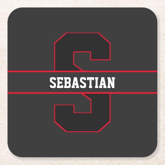 Moderne Zwarte Rode Witte Gepersonaliseerde Monogr Kartonnen Onderzetters (Voorkant)