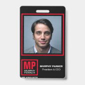 Moderne zwarte rode witte monogram Logo Foto Badge (Front)