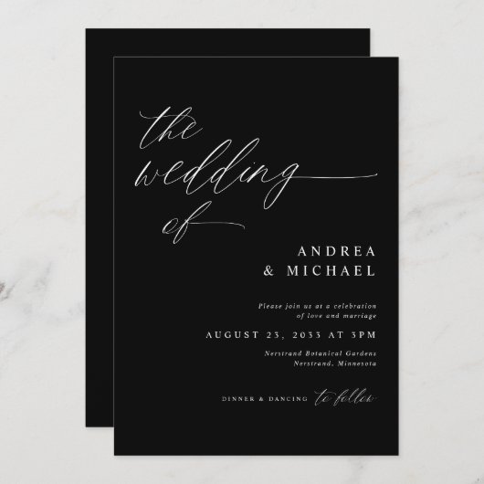 Moderne zwarte romantische bruiloft kaart (Voorkant / Achterkant)