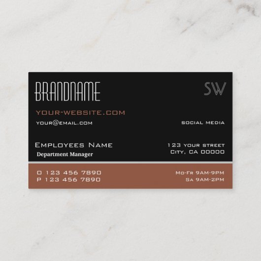 Moderne zwarte roodbruin eenvoudig met monogram visitekaartje (Achterkant)