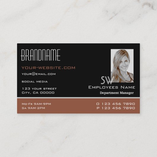 Moderne zwarte roodbruin met monogram en foto visitekaartje (Achterkant)
