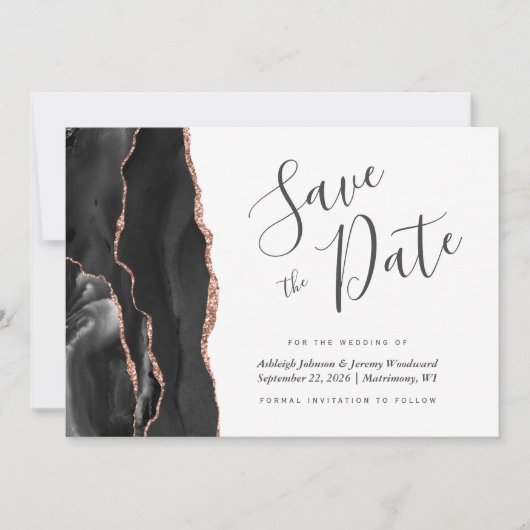 Moderne zwarte Roos Gold Agate Photo Save the Date Kaart (Voorkant)