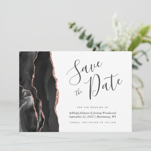 Moderne zwarte Roos Gold Agate Photo Save the Date Kaart (Staand voorkant)