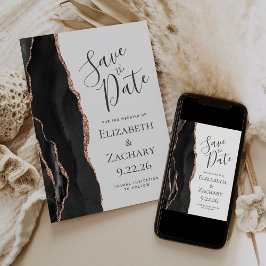Moderne zwarte Roos Gold Agate Save the Date Kaart