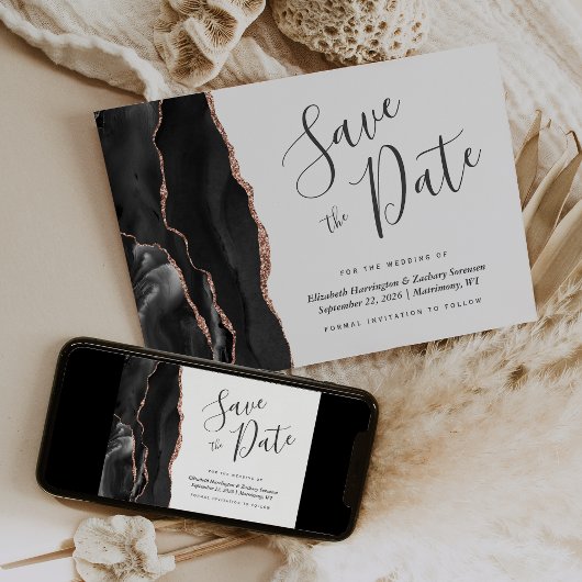 Moderne zwarte Roos Gold Agate Save the Date Kaart