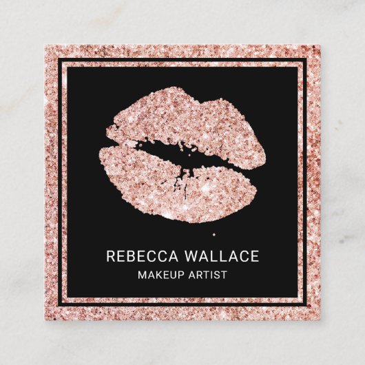 Moderne zwarte Roos Gold Glitter Lips Makeup Artis Vierkante Visitekaartje (Voorkant)