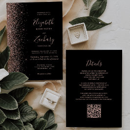 Moderne Zwarte Roos Gouden Glitter QR Code Trouwen Kaart