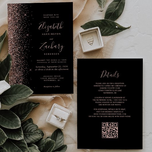 Moderne Zwarte Roos Gouden Glitter QR Code Trouwen Kaart