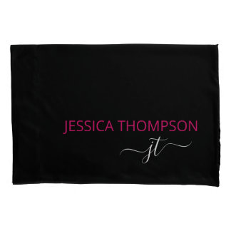 Moderne Zwarte Roze Eenvoudige Script Monogram Naa Kussensloop