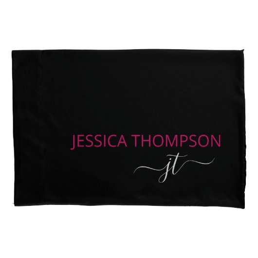 Moderne Zwarte Roze Eenvoudige Script Monogram Naa Kussensloop (Voorkant)