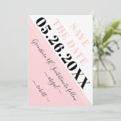 Moderne, zwarte roze en witte diagonale strepen save the date (Staand voorkant)