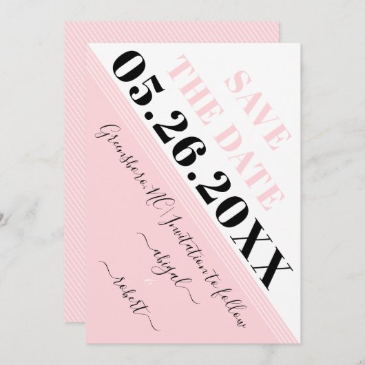 Moderne, zwarte roze en witte diagonale strepen save the date (Voorkant / Achterkant)