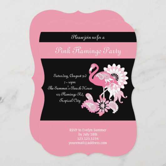 Moderne Zwarte Roze Flamingo Feest Uitnodigingen (Voorkant / Achterkant)
