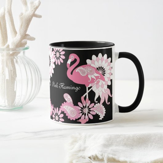 Moderne zwarte roze flamingo koffie mok