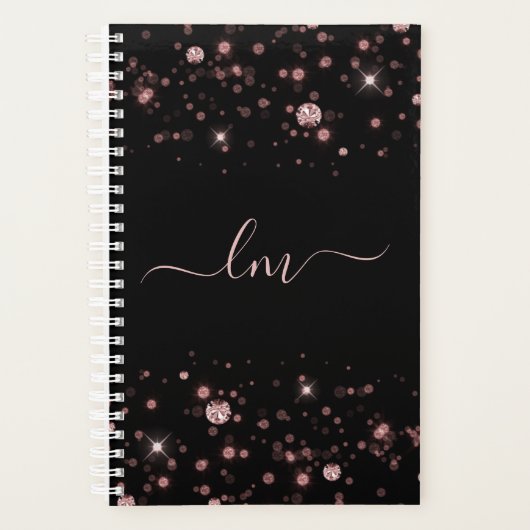 Moderne zwarte roze glam Glitter Aangepast monogra Planner (Voorkant)