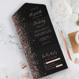 Moderne Zwarte Roze Gouden Glitter Bruiloft All In One Uitnodiging