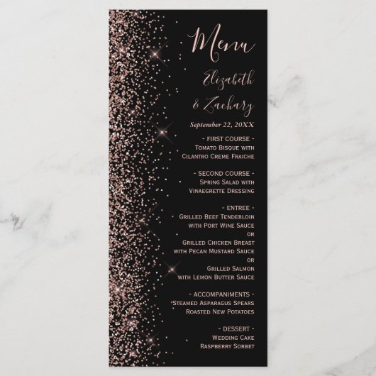 Moderne Zwarte Roze Gouden Glitter Rand Trouw Menu (Voorkant)