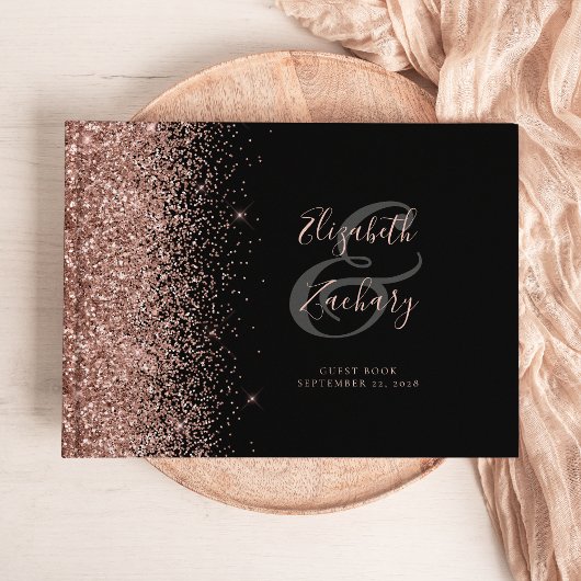 Moderne Zwarte Roze Gouden Glitter Script Gastenboek