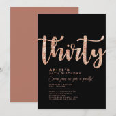 Moderne zwarte & roze gouden uitnodiging voor 30e (Voorkant / Achterkant)