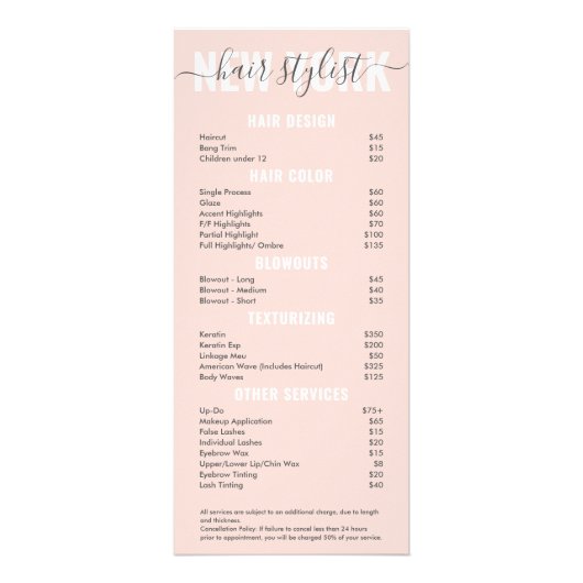 Moderne zwarte roze haarstylist scriptprijslijst reclamekaart (Voorkant)