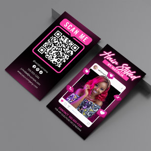 Moderne Zwarte & Roze Instagram Kapsalon QR Code Visitekaartje