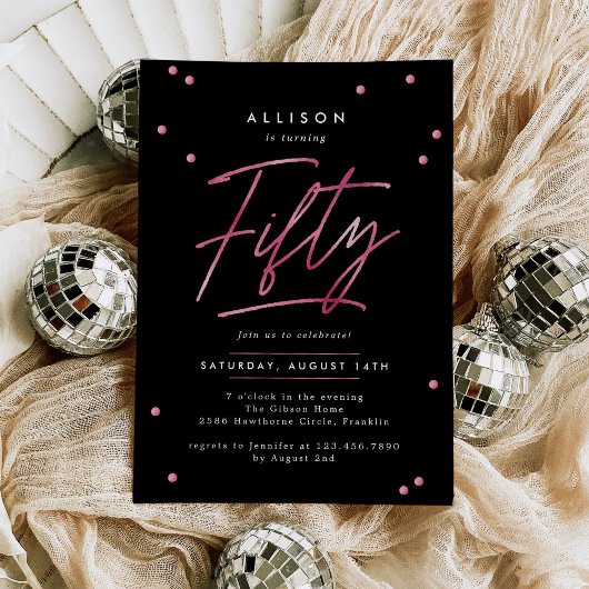 Moderne zwarte roze kalligrafie 50ste verjaardag kaart