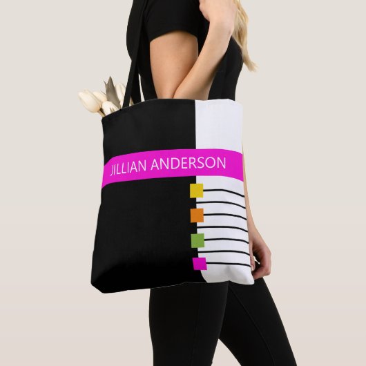 Moderne zwarte roze kleur geblokkeerde monogrammen tote bag (Dichtbij)