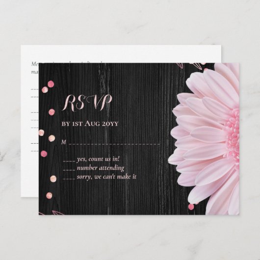 Moderne Zwarte Roze Madelief Bruiloft Briefkaart (Voorkant / Achterkant)