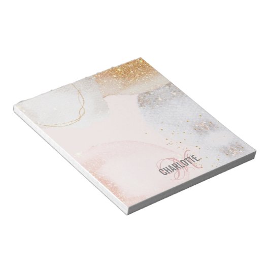 Moderne zwarte roze monogram naam abstract noteblo notitieblok (Schuin)