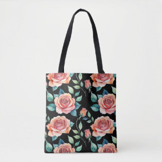 Moderne Zwarte Roze Roos Patroon Boodschappentas Tote Bag