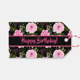 Moderne zwarte roze rozen vrolijke verjaardag cadeaulabel