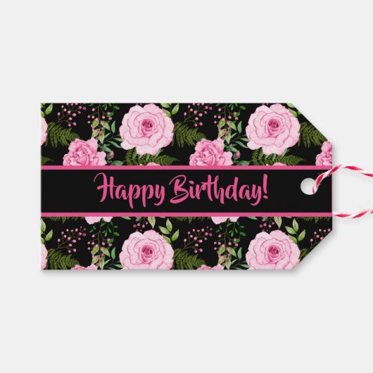 Moderne zwarte roze rozen vrolijke verjaardag cadeaulabel (Voorkant (Horizontaal))