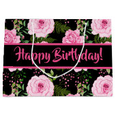 Moderne zwarte roze rozen vrolijke verjaardag groot cadeauzakje (Voorkant)