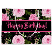 Moderne zwarte roze rozen vrolijke verjaardag groot cadeauzakje (Achterkant)