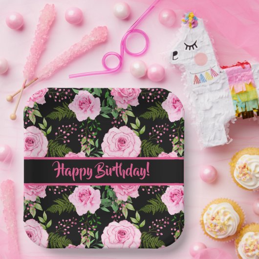 Moderne zwarte roze rozen vrolijke verjaardag papieren bordje (Feest)