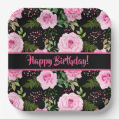 Moderne zwarte roze rozen vrolijke verjaardag papieren bordje (Voorkant)