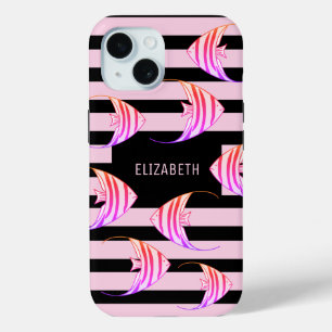 Moderne zwarte roze striped Angel Vis op maat iPhone 15 Case