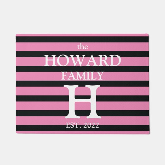 Moderne zwarte roze stripes Monogram naam bruiloft Deurmat (Voorkant)