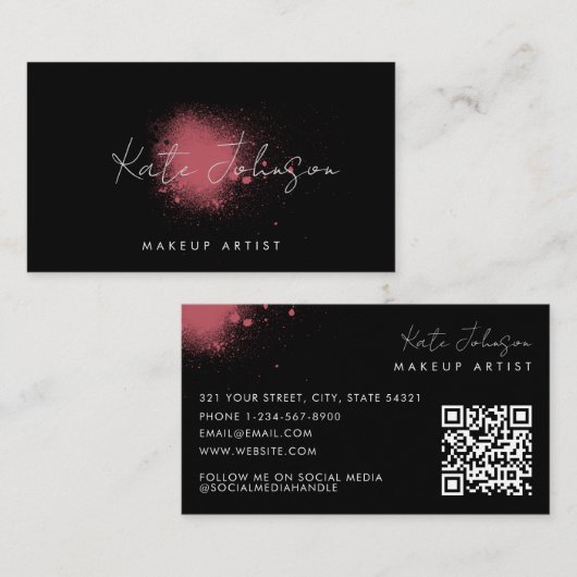 Moderne Zwarte Roze Verf Kunstenaar QR Code Visitekaartje (Voorkant / Achterkant)