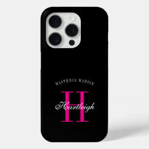 Moderne Zwarte Roze Witte Monogram Naam iPhone 15 Pro Case