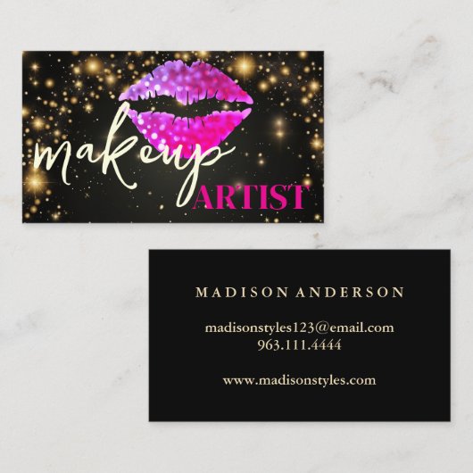 Moderne zwarte salon roze lippen make-up artist visitekaartje (Voorkant / Achterkant)