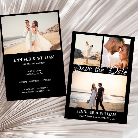 Moderne zwarte Save the Date-script fotocollage Kaart