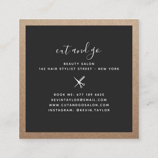 Moderne zwarte schaar branding haarstylist kraft vierkante visitekaartje (Achterkant)