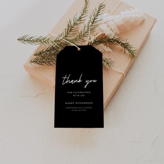 Moderne Zwarte Script Afstudeerfeest Dankjewel Cadeaulabel