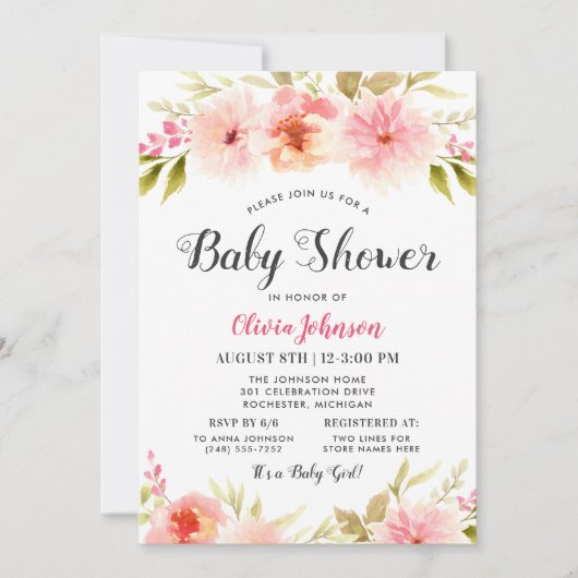 Moderne Zwarte Script Bloemige Baby Meisje Shower Kaart (Voorkant)