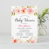 Moderne Zwarte Script Bloemige Baby Meisje Shower Kaart (Staand voorkant)