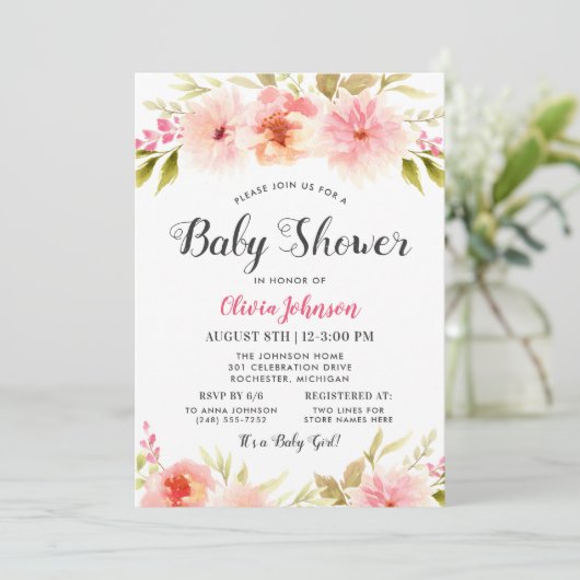 Moderne Zwarte Script Bloemige Baby Meisje Shower Kaart (Staand voorkant)