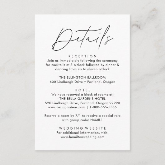 Moderne zwarte script bruiloft details informatiekaartje (Voorkant)