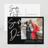 Moderne zwarte script foto bruiloft opslaan van de aankondigingskaart (Voorkant / Achterkant)